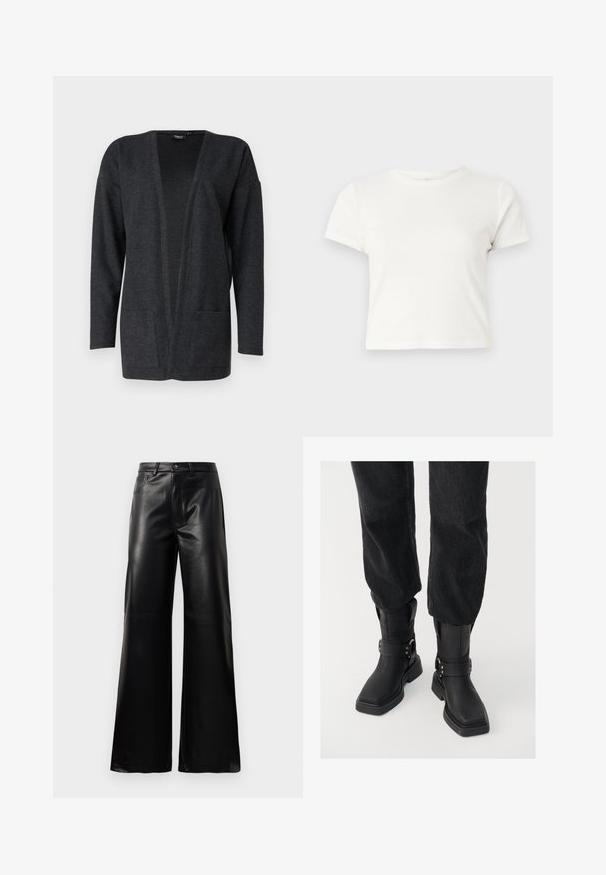 Tumehall kardigan pehmest, tekstuuriga kangast. Avatud esiosaga disain, pikad varrukad ja kaks eesmist taskut. Ilma kinnitusteta.; Lühike valge T-särk, mis on valmistatud puuvillast, lühikeste varrukatega, ümmarguse kaelusega ja sirge lõikega, omades sileda tekstuuri ja minimaalset disaini.; Mustad talje laiad jalad kunstnahast püksid esipaneeli nööbi ja lukuga, vöödega ja küljetaskutega valge tausta peal.; Mustas nahast pahkluu saapad ruudukujulise varbaga, laia rihma ja metallist luku detailiga. Saapad on tummise tallaga ja siledast tekstuurist.