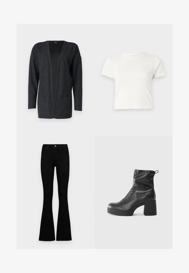 Tamno sivi kardigan napravljen od mekanog, teksturiranog materijala. Otvoreni dizajn s dugim rukavima i dva prednja džepa. Bez zatvaranja.; Kratka bijela majica izrađena od pamuka s kratkim rukavima, okruglim izrezom i ravnim rubom, koja se odlikuje glatkom teksturom i minimalnim dizajnom.; Crne traperice viskog struka s kopčanjem na gumb i rajfeslusu, prednjim džepovima i širom nogavicama položene su ravno na bijeloj pozadini.; Crne gležnjače od glatke kože, s bočnim zatvaračem, debelim teksturiranim potplatom i dizajnom s zaobljenim prstima.
