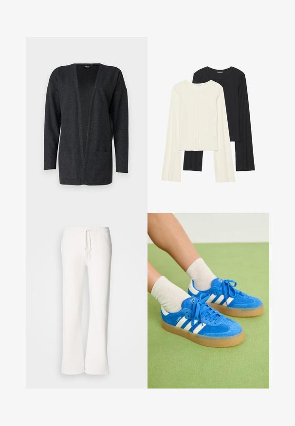 Sötét szürke kardigán, puha, texturált anyagból készült. Nyitott elülső kialakítás, hosszú ujjú és két elülső zsebbel rendelkezik. Felszerelés nélkül.; Két darabból álló hosszú ujjú felsők szettje fehér és fekete színben. Bordás textúra, kerek nyakkivágás, testhez simuló fazon, enyhén bővülő ujjakkal.; Fehér, laza szabású melegítőnadrág, puha anyagból készült, rugalmas derékkal és zsinórral, egyenes szárú kialakítással.; Kék velúr tornacipők fehér csíkkal, gumi talppal, kerek orral és szövetfűzővel. Krém színű zoknikkal párosítva, zöld felületen.