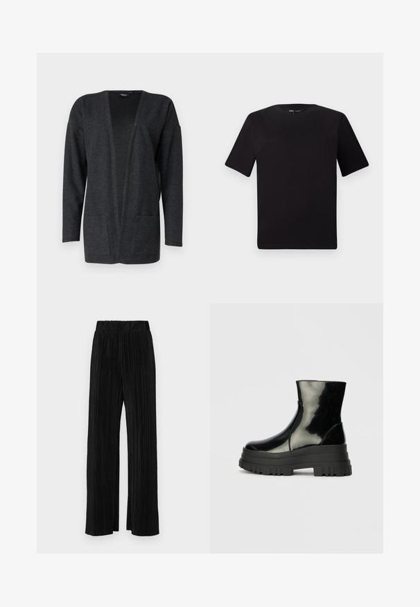 Tamno sivi kardigan napravljen od mekanog, teksturiranog materijala. Otvoreni dizajn s dugim rukavima i dva prednja džepa. Bez zatvaranja.; Crna majica kratkih rukava s okruglim izrezom, izrađena od mekane pamučne tkanine. Jednostavan dizajn, bez vidljivih logotipa ili uzoraka.; Crne plisirane hlače s elastičnim pojasom. Imaju široke nogavice i glatku, teksturiranu tkaninu s vertikalnim prugama.; Crna sjajna čizma do ankleta s debelim zupčastim potplatom i zaobljenim vrhom, bočni pogled na jednostavnoj svijetlosivoj pozadini.