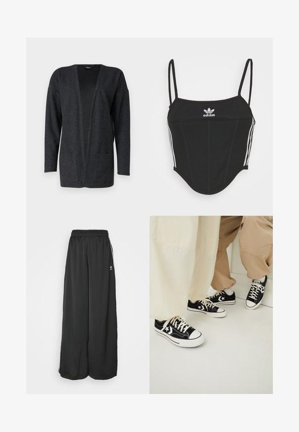 Dark grey cardigan made of soft, textured fabric. Open front design with long sleeves and two front pockets. No fastenings.; Black ribbed crop top with adjustable thin straps, featuring three white stripes on the sides and a small white Adidas logo at the center.; Black loose-fitting track pants made of smooth fabric. Features an elastic waistband and side stripes with logo accents.; Black canvas sneakers with white rubber soles, featuring white star accents and black shoelaces, paired with light beige and cream pants.