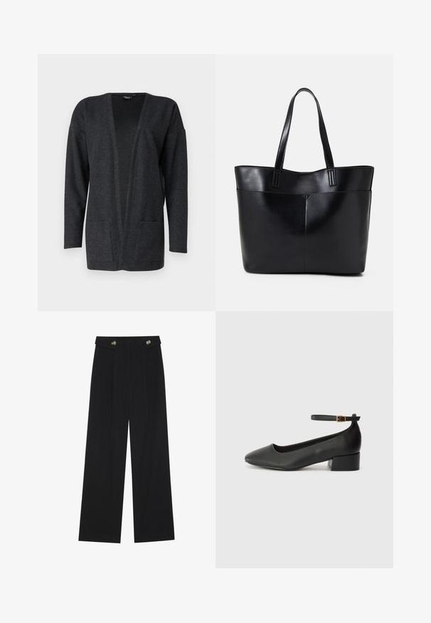 Tamno sivi kardigan napravljen od mekanog, teksturiranog materijala. Otvoreni dizajn s dugim rukavima i dva prednja džepa. Bez zatvaranja.; Crna majica dugih rukava s proširenim manžetama, mekanim materijalom i opuštenim krojem, s jednostavnim okruglim izrezom.; Crne hlače širokih nogavica s visokim strukom, s dugmadi na pojasu i prednjim nabora.; Crne kožne pumpe s oštrim vrhom i niskom blok petom. Sadrže remen oko gležnja s zlatnim kopčanjem. Glatka tekstura.; Crna kožna torba s dugim ručkama, glatkom teksturom i strukturiranim oblikom. Ima prednju džep za dodatno pohranu.