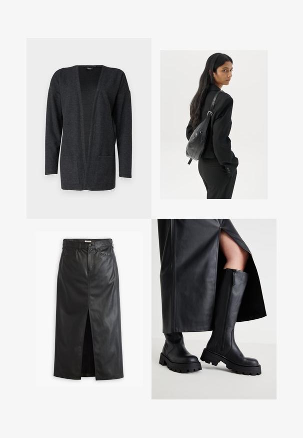 Dark grey cardigan made of soft, textured fabric. Open front design with long sleeves and two front pockets. No fastenings.; White sleeveless tank top made of ribbed fabric, featuring a rounded neckline and a fitted silhouette, with minimal seams and no embellishments.; Black leather skirt with a front slit, high waist, and classic denim styling. Features pockets and stitching details for added texture.; Black knee-high boots with a chunk sole, smooth leather texture, side zipper, and minimalistic design, paired with a slit black skirt.; Woman with long dark hair wearing a black suit, carrying a black leather shoulder bag, looking over her shoulder against a white background.