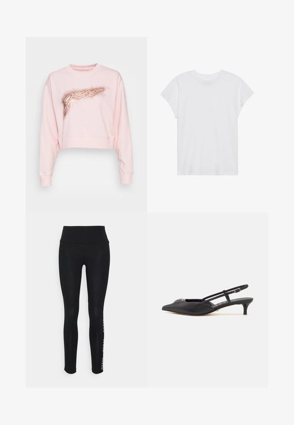 Guess GUESS LOGO CROP - Camisola - ballet pink; T-shirt branco de manga curta com decote redondo, corte relaxado, feito de tecido de algodão macio. Textura suave, sem padrões ou logos.; Leggings pretos com cintura alta, feitos de um tecido suave. Apresentam um logo da marca impresso na lateral. Projetados para conforto e flexibilidade.; Sandalias pretas com calcanhar aberto e bico fino, feitas de material liso, com um pequeno salto e um detalhe prateado decorativo no peito do pé.