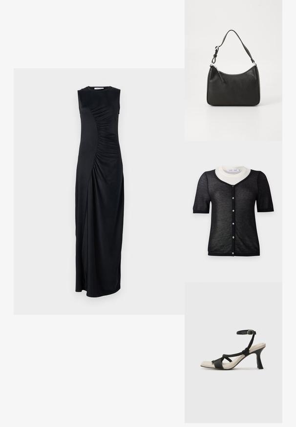 Črna kratka kardigan s kratkimi rokavi in V-izrezom, z lahkim pletenim teksturo, kontrastnim belim ovratnikom in sprednjim gumbom za zapiranje.; Črna brezramenska maksi obleka z drapiranjem po strani, izdelana iz gladkega blaga; ima okroglo ovratnico in prilega silhueto.; Črne sandale na visoki peti z prepletenim trakom, kvadratnim nosom in nastavljivim gležnjenjem. Svetlo bež podplat z sijajno črno peto.; Črna usnjena torba za roke s ukrivljenim oblikom, enim trakom, zadrgo in diskretnim blagovnim znamkom na sprednjem delu. Gladka tekstura, minimalističen dizajn.