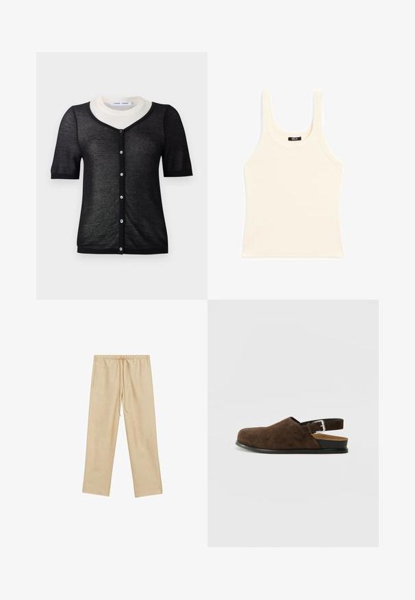 Czarny kardigan z krótkim rękawem i dekoltem w serek, z lekkim dzianinowym splotem, kontrastującym białym kołnierzykiem oraz zapięciem na guziki z przodu.; Jasno beżowy top na ramiączkach wykonany z prążkowanego materiału, z okrągłym dekoltem i grubymi ramiączkami, o dopasowanym kroju i minimalnych detalach.; Jasnobeżowe, luźne spodnie z elastycznym pasem i sznurkiem do regulacji. Posiadają dwie boczne kieszenie i gładką teksturę.; Brązowy zamszowy but wsuwany z niskim obcasem, regulowanym paskiem z srebrną klamrą i czarną gumową podeszwą.