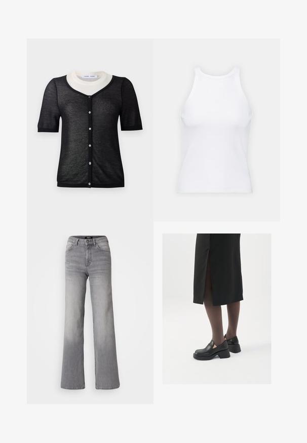 Svart kortermet cardigan med V-hals, med en lett strikketekstur, kontrastfarget hvit krage og frontlukking med knapper.; Hvit ermeløs tanktop laget av ribbet stoff, med rund hals og en tettsittende silhuett, med minimale sømmer og ingen dekorasjoner.; Høyt liv, rette ben grå denimbukser med frontknapp og glidelås, front- og baklommer, samt falmet skygge på lår og legger.; Sorte lærersko med rund tå, tykk blokkheel og elastiske sideaksenter, sammen med mørke strømpebukser og et svart skjørt med splitt.
