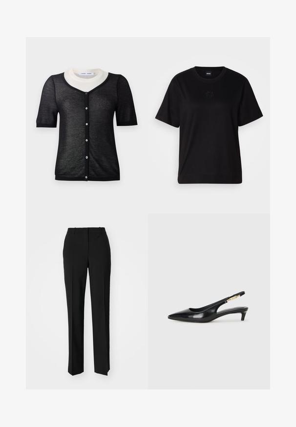 Black short-sleeve cardigan with a V-neckline, featuring a lightweight knit texture, contrasting white collar, and front button closure.; Black cotton t-shirt with a crew neckline, short sleeves, and an embroidered logo on the chest. Simple, relaxed fit with no patterns.; Black tailored trousers with a straight-leg design, featuring a smooth texture and crisp creases along the front. No visible hardware.; Black leather slingback heels with a pointed toe, featuring a slim heel and a gold-tone accent on the adjustable strap. Smooth texture.