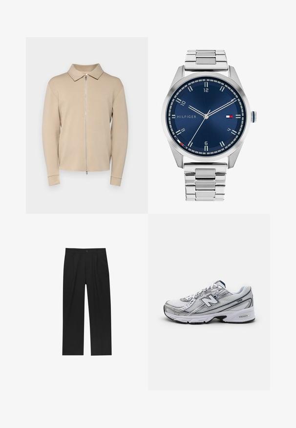 Beige zip-up tröja med krage, långa ärmar och ribbade muddar. Slät textur och minimalistisk design utan mönster.; Set med åtta svarta bomullströjor med korta ärmar och rundad halsringning, med en enkel design och mjuk textur.; Svarta byxor med rak ben-design, tillverkade av ett jämnt tyg. Har framfickor och en enkel knapplåsning i midjan.; New Balance träningsskor med ovandel i mesh, övervägande vita med grå och marinblå accenter, försedda med dämpad sula och texturerade detaljer.; Silver metall klocka med en borstad blå urtavla, vita timmarkörer och en datumvisning. Har ett länkande metallarmband och varumärkeslogotyp.