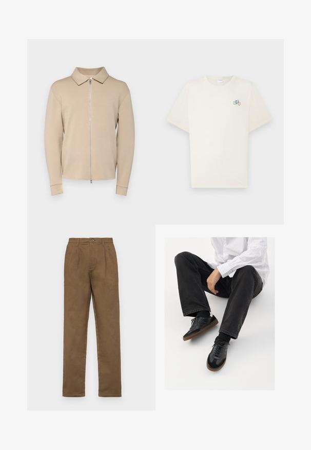 Šviesiai rudas užtrauktukas megztinis su apykakle, ilgomis rankovėmis ir raukšlėtomis rankogaliais. Lygus audinys ir minimalistiškas dizainas be raštų.; Grietos spalvos medvilnės marškinėliai trumpomis rankovėmis, su maža daugiagysle dviratį grafika kairėje krūtinės pusėje.; Rudos medvilnės kelnes su tiesiu siluetu, turi vieno mygtuko uždarymą, diržo kilpas ir aštrius raukšles priekyje.; Juodi sportbačiai su lygiu ir tekstūruotu paviršiumi, turi guminį padas ir tamsias raištelius. Suderinti su juodomis džinsais ir balta juostuota marškinėliais.