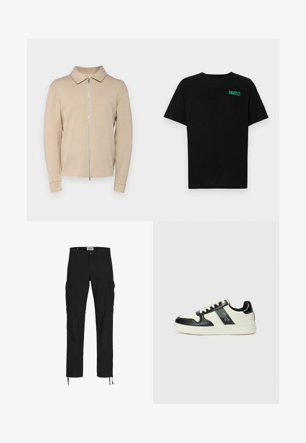 Beige svetr na zip s límečkem, dlouhými rukávy a žebrovanými manžetami. Hladká textura a minimalistický design bez vzorů.; Černé tričko vyrobené z bavlny s krátkým rukávem. Na přední straně se nachází zelené logo "ROOTS", kulatý výstřih a standardní střih.; Černé cargo kalhoty s rovnými nohavicemi, vybavené bočními kapsami, zapínáním na knoflík a elastickými šňůrkami u kotníků. Vyrobeny z odolného materiálu.; Kožené tenisky s černobílou barevnou kombinací, které mají perforované detaily, polstrovaný límec a texturovanou podrážku.