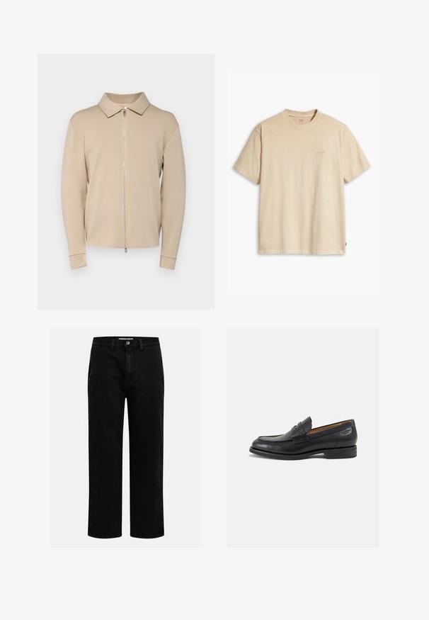 Beige zip-up sweater with a collared neckline, long sleeves, and ribbed cuffs. Smooth texture and minimalistic design with no patterns.; Beige cotton t-shirt with a round neck and short sleeves. Features a subtle "Levi's" logo in the same color on the chest. Soft texture.; Black denim pants with a straight-leg cut, classic five-pocket design, and a button closure at the waist. Smooth texture and durable fabric.; Black leather loafers with a smooth finish, rounded toe, and decorative stitching on the vamp. Low stacked heel and slight shine.