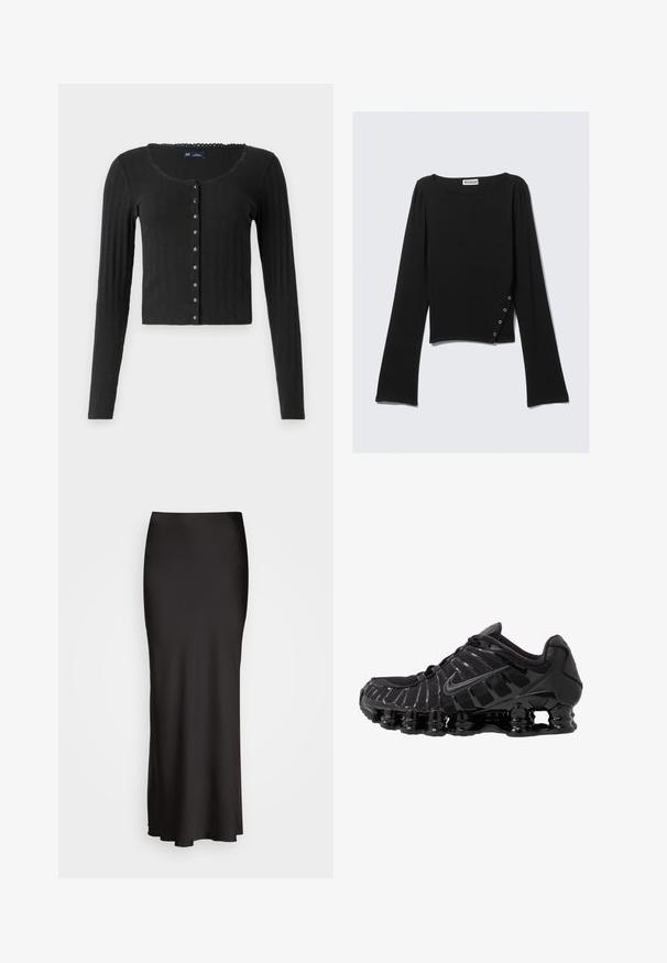 Cardigã preto de mangas longas feito em tecido canelado com decote arredondado, apresentando uma linha de botões metálicos na frente e um corte cropped.; Top preto de manga longa, feito de tecido suave, com um decote barco, comprimento cropped e um detalhe lateral com botões de prata.; Saia de cetim preta, até ao chão, com uma textura suave, cintura ajustada e silhueta em A, sem adornos ou padrões visíveis.; Sapato atlético preto com parte superior em malha e sobreposições brilhantes. Apresenta amortecimento em espiral curvado e linhas texturizadas na lateral. Logotipo da Nike visível.