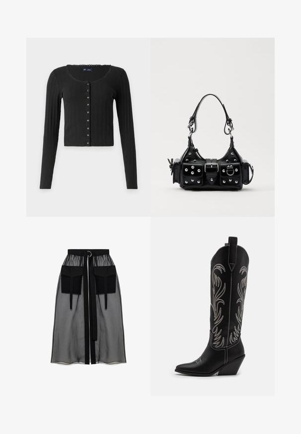 Juodas ilgomis rankovėmis kardiganas, pagamintas iš ribotų audinių, su apvaliu iškirpimu, puošiamas metaliniais mygtukais per visą priekį ir trumpu siluetu.; Juodas ilgomis rankovėmis viršus, pagamintas iš permatomos medžiagos, turi apvalų iškirpimą, priekinį mygtukų užsegimą ir banguotus kraštus ant rankovių.; Juoda permatoma sijonas su surinkta liemene, dviem didelėm priekinėm kišenėm, liemens raišteliu ir apvaliu metaliniu akcentu.; Juodi oda kaubojiški batai su smailiu nosiu, stulpeliu ir sidabriniais siuvinėti gėlių raštais palei šoną. Kontrastingas siuvinėjimas visoje bato dalyje.; Juodas odinis rankinukas su kreiviu dizainu, su sidabro spalvos knopkėmis, užsegimu ir dviem šoninėmis kišenėmis. Reguliuojama dirželis nešimui.