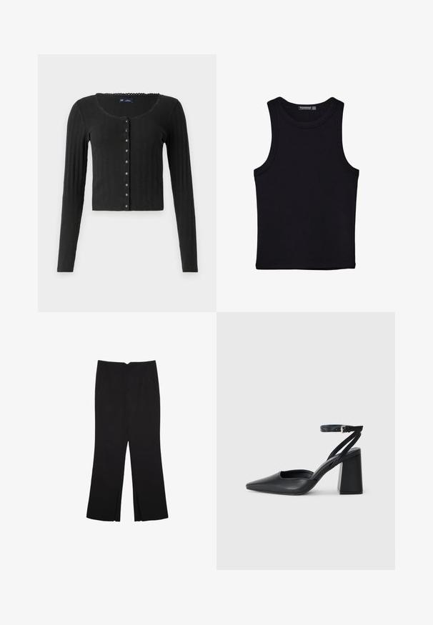 Sort langærmet cardigan lavet af ribbet stof med en rund halsudskæring, der har en række metalliske knapper foran og en cropped pasform.; Sort tank top lavet af bomuld, med rund halsudskæring og brede armhuller. Glat tekstur med syede kanter. Klassisk, minimalistisk design.; Sorte bukser med lige pasform, der har frontlommer og slidser i kanten. Lavet af blødt, glat stof. Velegnet til forskellige anledninger.; Sort læder spidse pumps med ankelrem og en chunky hæl. Flad tekstur, slankt design og minimalistisk æstetik.