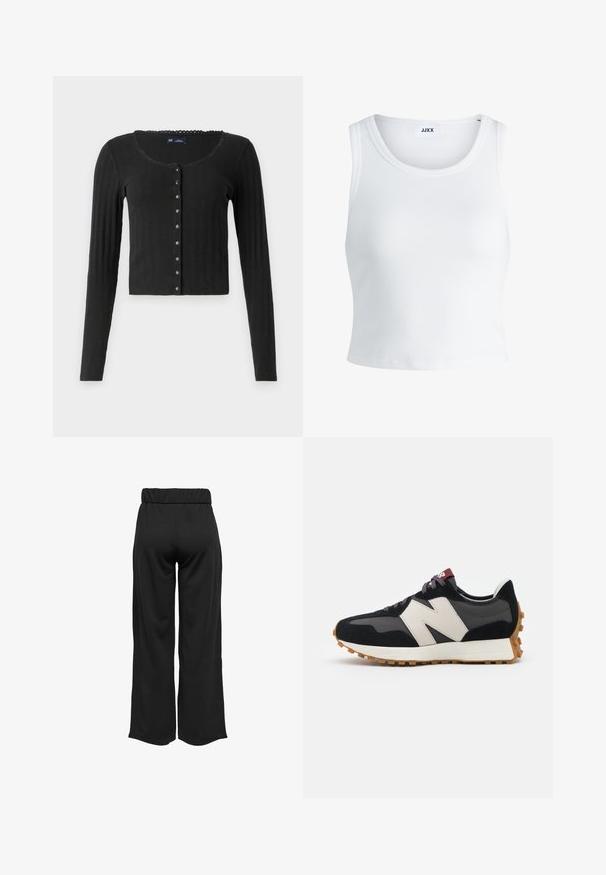 Cardigã preto de mangas longas feito em tecido canelado com decote arredondado, apresentando uma linha de botões metálicos na frente e um corte cropped.; Top curto branco com nervuras, apresentando um decote redondo, design sem mangas e um comprimento cropped. Rótulo lê "JJXX." Textura de tecido suave.; Calças largas e pretas com uma cinta elástica, feitas de um tecido suave. Apresentam um design limpo, sem bolsos ou detalhes de costura visíveis.; Sneaker em camurça preta e cinza com um grande logótipo "N" creme, cordões roxos e uma sola de borracha texturizada em cor de goma.