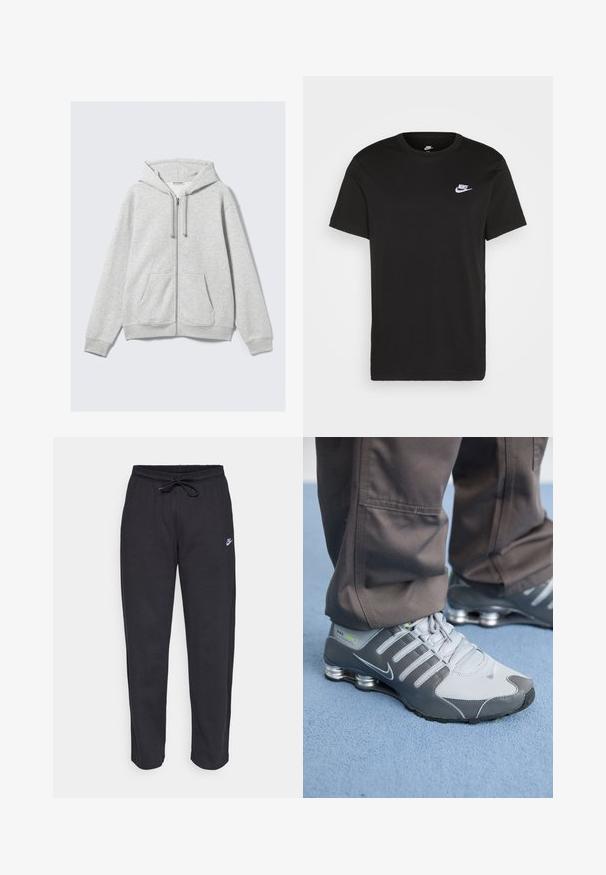 Light gray zip-up hoodie with drawstrings and front pockets, displayed flat against a white background.; Black cotton T-shirt with short sleeves, round neck, and a small white Nike logo on the upper left chest. Smooth texture. Classic fit.; Black sweatpants made of soft fabric with an elastic waistband, drawstring, and a small Nike logo on the left thigh.; Gray and silver Nike Shox sneakers feature a sleek design, with mesh and synthetic materials, a rounded toe, and a padded collar.