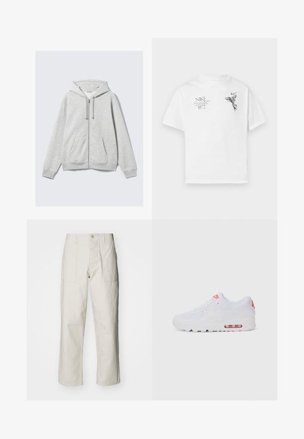 Hoodie zippé gris clair avec cordons de serrage et poches avant, présenté à plat sur un fond blanc.; T-shirt en coton blanc avec un imprimé graphique noir d'une figure ailée et du texte, avec un col rond et des manches courtes.; Pantalons larges beige clair en coton. Dotés de poches avant et d'une fermeture à bouton. Texture lisse avec de légères lignes verticales.; Baskets de sport blanches avec une tige lisse, un système de laçage, une semelle rembourrée et une unité d'air visible avec des accents rouges sur le logo.