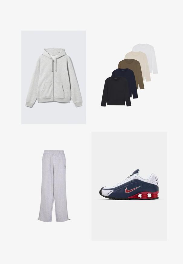 Hanorac cu fermoar de culoare gri deschis, cu șnururi și buzunare frontale, expus plat pe un fundal alb.; Cinci cămăși cu mânecă lungă într-un gradient de culori: bleumarin închis, bleumarin, verde măslin, bej și alb. Fiecare are un guler rotund și o textură netedă.; Karl Kani Pantaloni de trening - grey; Adidaș alb și bleumarin cu accent roșu, panouri din plasă, guler căptușit și un design distinctiv al tălpii cu unități de amortizare vizibile.