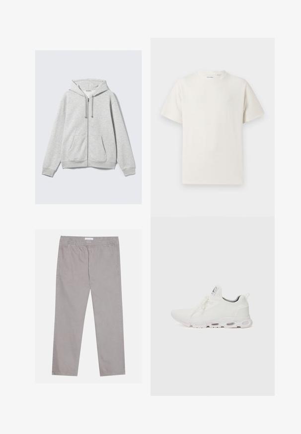Svetlo siva kapuca na zadrgo s ušicama i prednjim dzepovima, prikazana ravno na beloj pozadini.; Bela majica s kratkimi rokavi iz rebraste tkanine. Okrogli izrez, sproščen kroj, brez vidnih vzorcev ali naglasov. Preprosta in vsestranska zasnova.; Svjetlosive pamučne hlače s elastičnom pogačicom, dva bočna džepa, ravni kroj nogavica i glatka tekstura. Jednostavni detalj šivanja.; Bela atletska obuća z značilnom pletenom gornjom stranom, ravnim vezicama i podlogom s jastučićem koja ima vidljive zračne komore za dodatnu potporu.