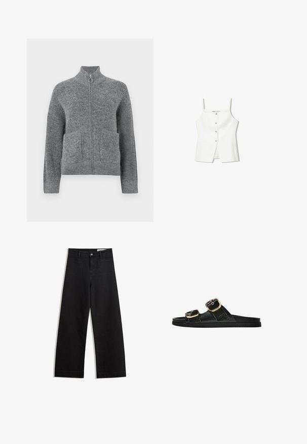 Sivi pleteni kardigan s visokim okovratnikom, zatvaranjem na patentni zatvarač i dva prednja džepa. Ima mekanu teksturu te rebraste manžete i donji rub.; Bijela bezrukavna majica s dugmadi sprijeda, bočnim džepovima i prilagođenim dizajnom s lagano raširenim rubom. Glatka tekstura, minimalni detalji.; Crne široke traperice s visokim strukom, s prednjim i stražnjim džepovima, šivenim šavovima i kopčanjem na gumb. Glatka tekstura.; Crne sandale na klizanje s dva zlatna akcenta u obliku kopči, glatkog teksturiranog materijala, ravnim potplatom i minimalističkim dizajnom.