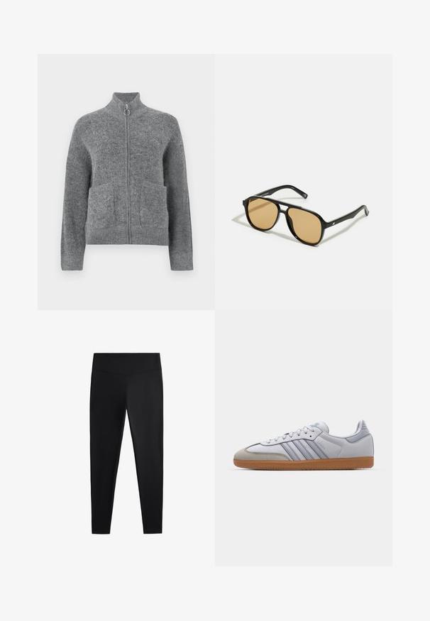 Grå stickad cardigan med hög krage, dragkedja fram och två framfickor. Har en mjuk textur samt ribbade manschetter och nederkant.; Vit ribbad linne med en svart broderad logotyp centrerad på bröstet. Halsringningen och ärmhålen är avslutade med en subtil kant.; Svarta leggings av ett slätt, stretchigt tyg. Har en bred midja och design med avsmalnande ben, lämpliga för aktiv eller avslappnad användning.; Vita lädersneakers med ljusblå accenter, grå mocka tå och en brun gummisula. Har tre blå ränder och "Samba"-logotyp.; Svarta solglasögon med bruna tonade linser; rektangulär form med en tjock ram, inklusive subtila detaljer av metall vid glasögonbågarna.