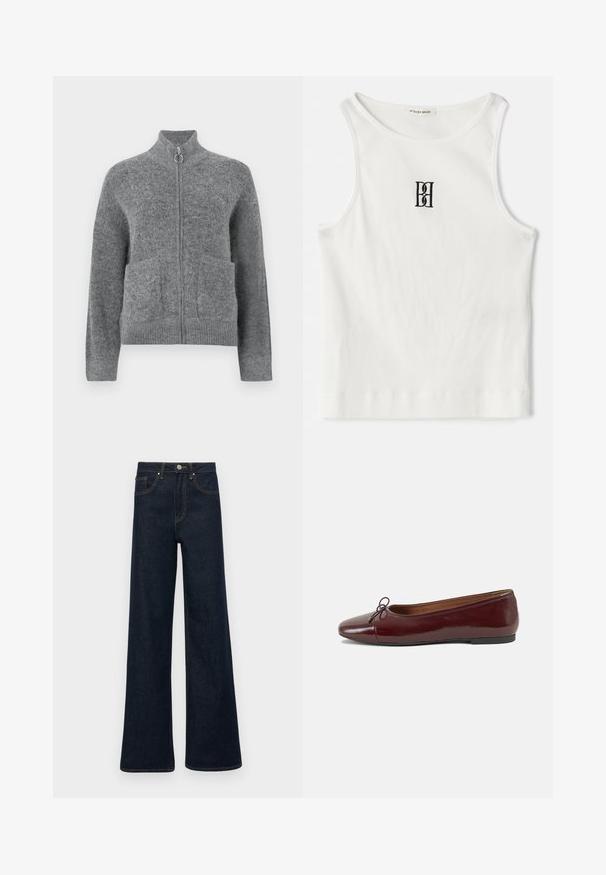 Cárdigan de punto gris con cuello alto, cierre de cremallera y dos bolsillos frontales. Presenta una textura suave y puños y dobladillo acanalados.; Camiseta sin mangas de rayas blancas con un logotipo negro bordado centrado en el pecho. El escote y las sisas están terminados con un sutil ribete.; Jeans de mezclilla de pierna ancha en azul oscuro, con bolsillos frontales, bucles para cinturón y cierre de botón.; Bailarina de charol burdeos con punta redonda, pequeño lazo en la parte frontal y una suela baja de goma negra. Textura suave.