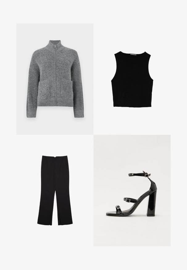 Harmaa neulecardigan, jossa on korkea kaulus, vetoketjukiinnitys ja kaksi etutaskua. Ominaisuuksiin kuuluu pehmeä pinta sekä ribbireunukset hihansuissa ja helmassa.; Musta hihaton crop-top, joka on valmistettu sileästä kankaasta, jossa on pyöreä kaula-aukko ja siisti, yksinkertainen muotoilu ilman kuvioita tai varusteita.; Mustat housut suoralinjaisella leikkauksella, joissa on etutaskut ja sivurei'ät helman alla. Valmistettu pehmeästä ja sileästä kankaasta. Sopii eri tilaisuuksiin.; Musta kiiltävä korkokenkä sandaalit neliönmuotoisella varpaalla, nilkkaremmillä ja hopeisilla soljilla. Varustettu tukevalla lohkokorkealla vakauden takaamiseksi.