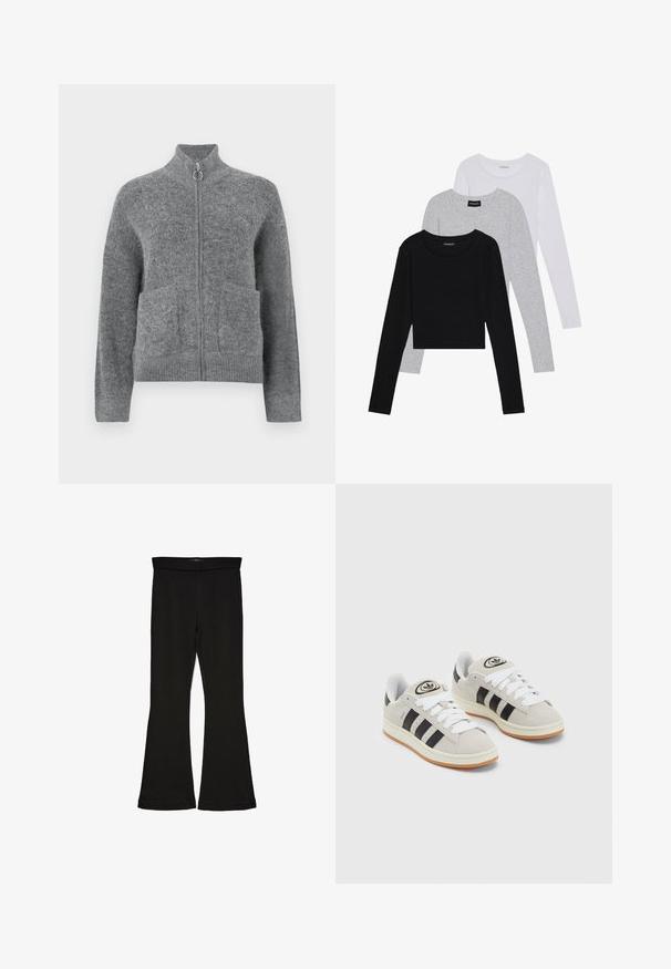 Sivý pletený kardigan s vysokým golierom, zipsom a dvoma prednými vreckami. Má jemnú textúru a rebrované manžety a lem.; Tričko s dlhým rukávom v troch farbách: čiernej, sivej a bielej. Každé má okrúhly výstrih a skrátený strih vyrobený z hladkej, ľahkej tkaniny.; Čierne legíny s flared strihom vyrobené z elastického materiálu. Majú široký pás a hladkú textúru, s priliehavým siluetom, ktorý sa na okraji rozširuje.; Sivé semišové tenisky s bielymi šnúrkami, čiernymi pruhmi a bielou gumovou podrážkou. Obsahujú okrúhly logo na jazyku a gumenú podrážku.