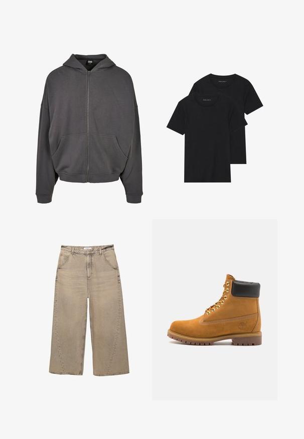 Grijze zip-up hoodie met een trekkoordcapuchon, zakken aan de voorkant, brede mouwen en ribgebreide boorden en hem. Soepele stofstructuur.; Twee zwarte katoenen t-shirts met korte mouwen, ronde halslijnen en een gladde textuur, gepresenteerd op elkaar gestapeld.; PULL&BEAR MEGA BAGGY - Baggy jeans - light grey; Tan suède enkelboot met zwart gevoerd kraagje, gouden metalen oogjes, witte stikdetails en een robuuste rubberen zool met uitgesproken profiel.