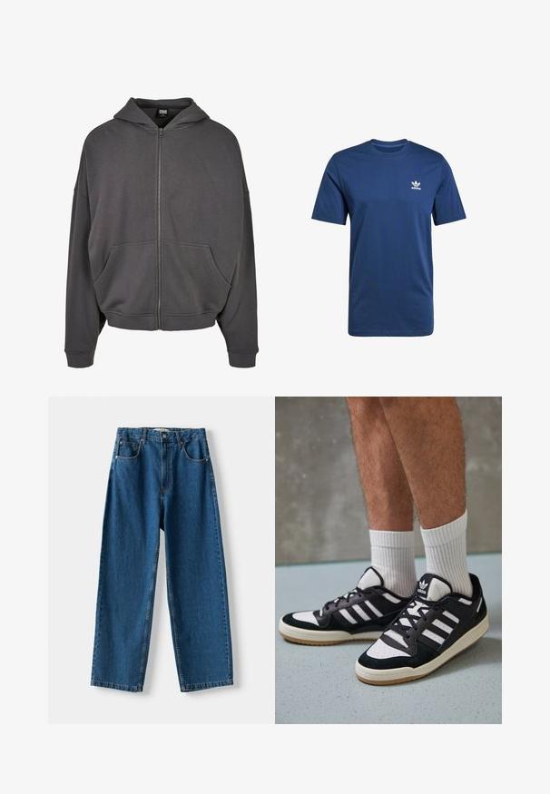 Šedá zipová mikina s kapucí na stahovací šňůrku, předními kapsami, širokými rukávy a žebrovanými manžetami a spodním lemem. Hladká textilie.; Námorně modré bavlněné tričko s krátkým rukávem, kulatým výstřihem a bílým logem Adidas na levé hrudi. Hladká textura, klasický střih.; Modré denimové džíny s vysokým pasem a rovnými nohavicemi, s knoflíkovým a zipovým zapínáním, pěti kapsami a kontrastním prošíváním.; Černobílé tenisky s vrchní částí z semišové a kožené kůže, včetně tří bílých pruhů, perforovaného špičky a podrážky z gumy.