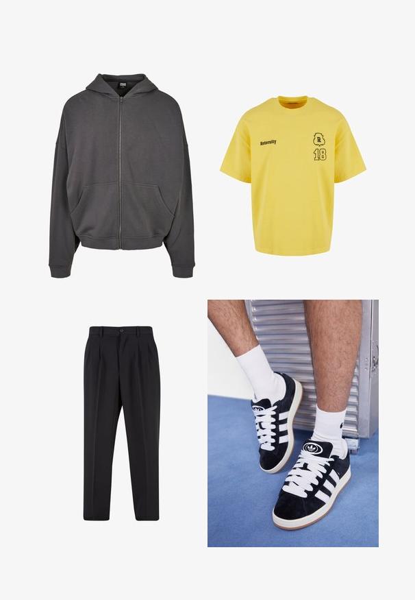 Felpa grigia con zip, dotata di cappuccio regolabile con cordini, tasche frontali, maniche ampie e polsini e fondo a coste. Tessuto dalla consistenza morbida.; T-shirt in cotone giallo con colletto rotondo e maniche corte, caratterizzata da testo stampato in nero "Reternity" e il numero "18" con un accento decorativo.; Pantaloni neri con design a pieghe sul davanti, realizzati in tessuto morbido. Presentano una chiusura con bottone e passanti per cintura; vestibilità a gamba dritta.; Sneakers in suede nero con lacci bianchi e tre strisce bianche. Presentano un logo circolare nero sulla linguetta e una suola in gomma color gomma.