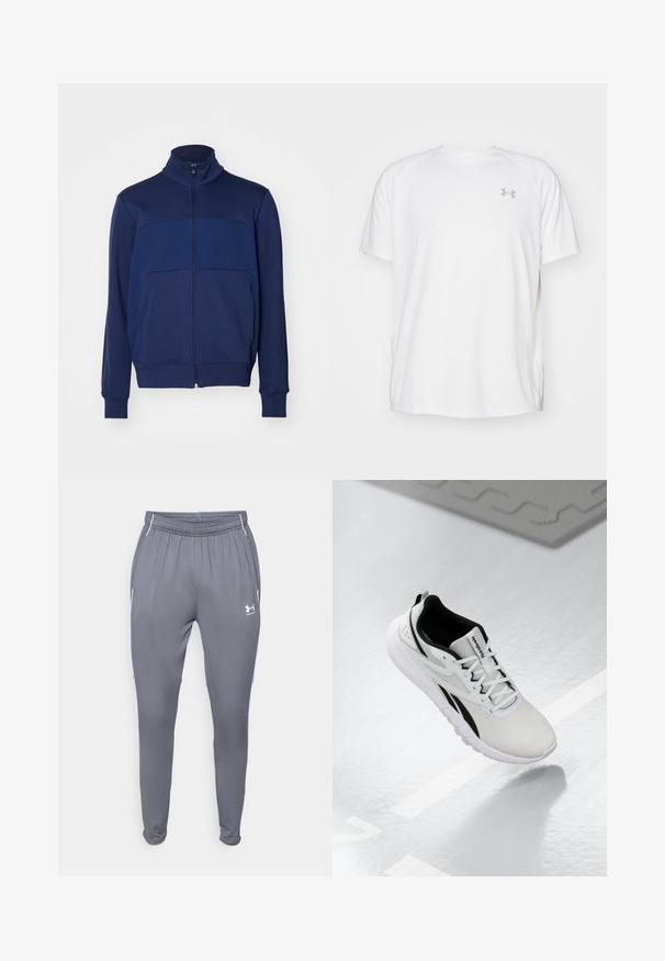 Veste zippée marine avec col montant, présentant un design accentué et une texture lisse. Manches longues avec poignets côtelés.; T-shirt de sport à manches courtes de couleur blanche, fabriqué en tissu lisse. Il présente un col rond et un logo gris sur la poitrine gauche, avec des fentes sur les côtés au niveau de l'ourlet.; Pantalons de sport gris avec taille élastique, poches latérales et accents blancs. Fabriqués dans un matériau lisse et léger.; Baskets de sport gris clair avec accents noirs, dessus en mailles texturées, semelle rembourrée et fermeture à lacets. Comprend une poignée au niveau du talon.