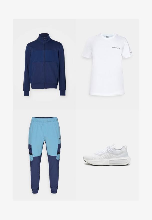 Chaqueta de felpa azul marino con cierre y alto cuello, que presenta un diseño acentuado y una textura suave. Mangas largas con puños de canalé.; Camiseta de algodón blanca con cuello redondo, mangas cortas y un logo bordado en negro de "Champion" en el pecho y un acento en la manga.; Pantalones de chándal azul y marino con una cinturilla elástica, bolsillos laterales y detalles de estilo cargo. Fabricados con un tejido suave y transpirable.; Zapatilla deportiva blanca con una parte superior de punto texturizado, cierre de cordones, suela acolchada y un detalle de marca distintivo en el lateral.
