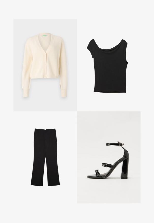 Cardigan accorciato di colore crema con scollatura a V, frontale con cinque bottoni e polsini a coste. Realizzato in morbido tessuto a maglia.; Top nero a maniche corte realizzato in tessuto liscio; presenta un colletto drappeggiato e un orlo asimmetrico, con una vestibilità aderente.; Pantaloni neri a gamba dritta, con tasche frontali e spacchi laterali all'orlo. Realizzati in tessuto morbido e liscio. Adatti a diverse occasioni.; Sandali con tacco in vernice nera, con punta squadrata, cinturini alla caviglia e fibbie in argento. Presentano un tacco a blocco spesso per maggiore stabilità.