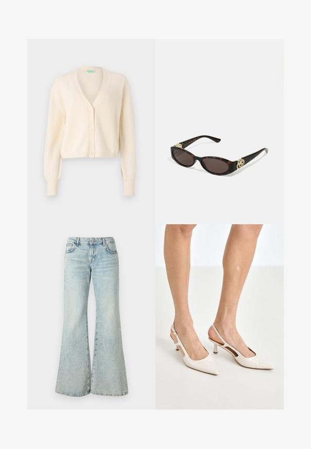 Krémový zkrácený kardigan s véčkovým výstřihem, pěti knoflíky vpředu a žebrovanými manžetami. Vyrobeno z měkké pleteniny.; Modrá pruhovaná košile na knoflíky s límečkem, dlouhými rukávy a zakřiveným lemem. Tkanina se zdá být hladká a lehká. Zapínání na knoflíky vpředu.; Světle modré zvonové džíny vyrobené z denimu, s vysokým pasem, kapsami a roztrhanými lemy. Tkanina má vybledlý omak a jemnou strukturu.; Béžové lakované lodičky na podpatku s špičatou špičkou a 5 cm podpatkem, se vykrojenými boky a tenkým kotníkovým páskem.; Brýle sluneční s kočičím vzorem, prodloužené oválné čočky, hnědý odstín, zlaté logo na spáncích a elegantní černé nožičky.; Bílá kožená kabelka s zakřiveným tvarem, na které se nachází stříbrné trojúhelníkové logo a zipové uzavření. Hladký povrch a dvojité uši.