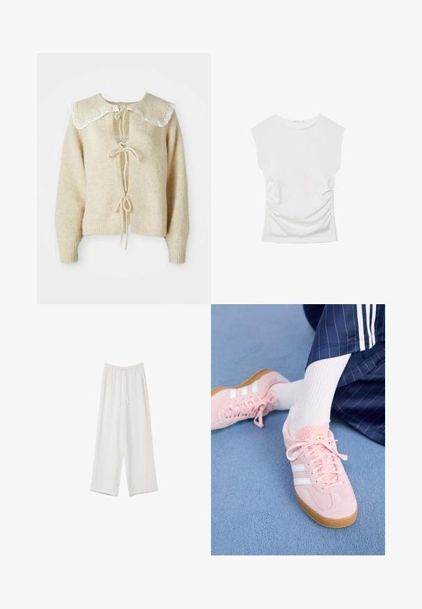 Kermanvärinen jakku, jossa on leveä kaulus, jossa on pitsireunus, V-muotoinen aukko ja nauhakiinnitykset edessä ja hihoissa. Pehmeä kangas.; Valkoinen hihaton paita, jossa on pyöreä pääntie ja hienovarainen sivun rypytys, esillä valkoista taustaa vasten.; Valkoiset leveälahkeiset housut kevyestä kankaasta. Ominaisuuksiin kuuluu elastinen vyötärö, jossa on nauhakuuluma ja sivutaskut. Sileä rakenne.; Vaaleanpunaiset mokkanahkakengät, joissa on valkoiset raidat ja nauhat, varustettuna tekstuurilla olevalla kielillä ja kumipohjalla, asetettuna siniselle matolle.