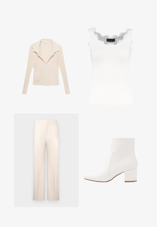 Svijetlosmeđi rebrasti kardigan dugih rukava s širokim ovratnikom i prednjim zatvaračem na munje. Mekana tekstura, prilagođen dizajn i bez vidljivih ukrasa.; Bijela rebrasta majica bez rukava s čipkastim rubovima na izrezu i rukavima. Ima mekanu teksturu i prilagođen oblik. Oznaka branda vidljiva unutra.; Bež hlače s ravnim nogavicama, izrađene od lagane tkanine. Imaju prednje nabore i klasičan pojas.; Bijele gležnjače s glatkom obradom, kvadratnim vrhom i blok petom srednje visine. Šavovi ističu minimalistički dizajn.