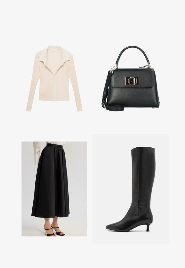 Lichtbeige geribde lange mouwen cardigan met een brede kraag en een rits aan de voorkant. Zachte textuur, getailleerd ontwerp en geen zichtbare versieringen.; Donkerbruine mouwloze top met een gedrapeerde kraag en een gladde textuur, ontworpen met een fitted vorm en een minimalistische stijl.; Zwarte maxi-rok van gladde stof, met een geraffineerde tailleband en vloeiende uitstraling, gecombineerd met zwarte sandaaltjes met bandjes.; Zign Laarzen - black; Zwarte, gestructureerde leren handtas met een gestroomlijnde vorm, voorzien van een bovenhandvat, een afneembare schouderband en een goudkleurige logo-sluiting.; Gouden rechthoekige polshorloge met een witte wijzerplaat, zilverkleurige uurmarkeringen en een duurzame metalen schakelarmband. Inclusief waterdichte functie.