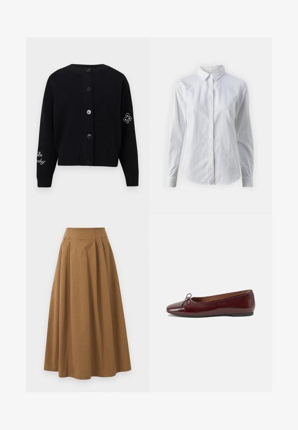 Czarny dziany kardigan z okrągłym dekoltem, z zapięciem na guziki, prążkowymi mankietami i dekoracyjnymi zdobieniami na rękawach.; Biała koszula zapinana na guziki, wykonana z gładkiej bawełny, z klasycznym kołnierzykiem, długimi rękawami i zaokrąglonym dołem. Guziki są małe i białe.; Brąskowa bawełniana spódnica w kształcie litery A z wysokim stanem, z plisami z przodu i gładką fakturą. Wykończenia dołu są czyste i proste.; Bordowe baleriny z lakierowanej skóry z zaokrąglonym noskiem, małą kokardką z przodu oraz niską, czarną gumową podeszwą. Gładka tekstura.