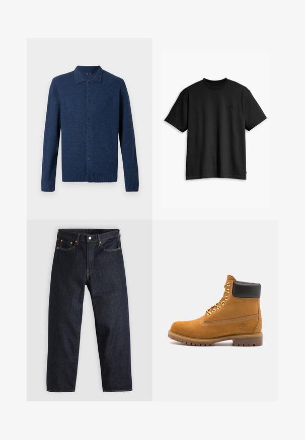 Navy blue knitted cardigan with a collared neckline, front button closure, and ribbed cuffs, featuring soft texture and a relaxed fit.; Black cotton t-shirt with a crew neck and short sleeves. Features a subtle front logo and a straight hemline. Simple and minimalistic design.; Dark blue denim jeans with a straight cut, five pockets, contrasting orange stitching, and a button fly. No visible patterns or embellishments.; Tan suede ankle boot with black padded collar, gold metal eyelets, white stitching detailing, and rugged rubber sole with pronounced treads.