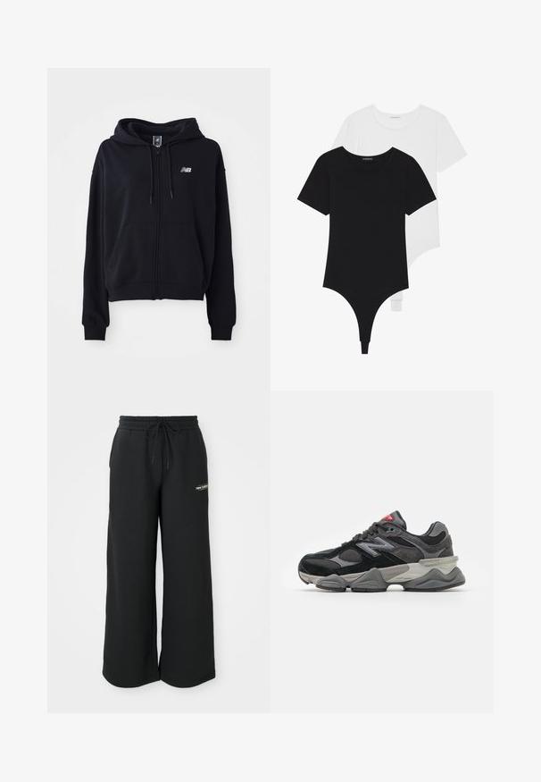 Svart zip-up hoodie i mjukt tyg, med en framficka (kangaroo pocket), justerbar huva och en liten reflekterande logotyp på bröstet.; Svart och vit kortärmad bodysuit med rund halsringning och tanga-botten, tillverkad av ett mjukt, elastiskt tyg.; Svarta vida sweatpants av mjukt tyg, med elastisk midja och dragsko samt en liten logo på vänster sida.; Svarta och grå sneakers med en kombination av mocka och mesh-material, tjock sula, framträdande logotyp och röd accent på tungan.