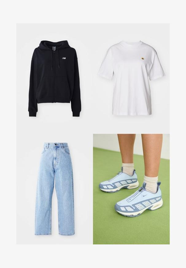 Hanorac negru cu fermoar, fabricat dintr-un material moale, având un buzunar tip kangur pe față, glugă cu șnur și un mic logo reflectorizant pe piept.; Tricou alb din bumbac cu o croială lejeră, mâneci scurte și un mic logo brodat în zona stângă a pieptului.; Jeans din denim ușor albastru, cu talie înaltă, picioare drepte și late, cu închidere prin nasture și fermoar, și buzunare în față și în spate.; Încălțăminte sport de culoare albastru deschis cu accente albe, panouri texturate și închidere cu fermoar. Are o talpă vizibilă cu pernuțe de aer și o talpă exterioară din cauciuc.