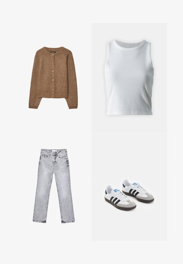 Hnedý pletený kardigán s okrúhlym výstrihom, zapínaním na gombíky a rebrovanými manžetami. Textúra je mäkká s útulným a teplým vzhľadom.; Biely rebrovaný top bez rukávov s okrúhlym výstrihom, so strapatým lemom a hladkou, elastickou textúrou.; Šedé džínsy s rovnými nohavicami, s opotrebovaním, piatimi vreckami a meďou pokovovanými nitmi. Pás má štítok s logom.; Športové topánky s bielym koženým zvrškom, šedou semišovou špičkou a tromi čiernymi pruhmi. Obsahujú modré logo na jazyku a štruktúrovanú gumovú podrážku.