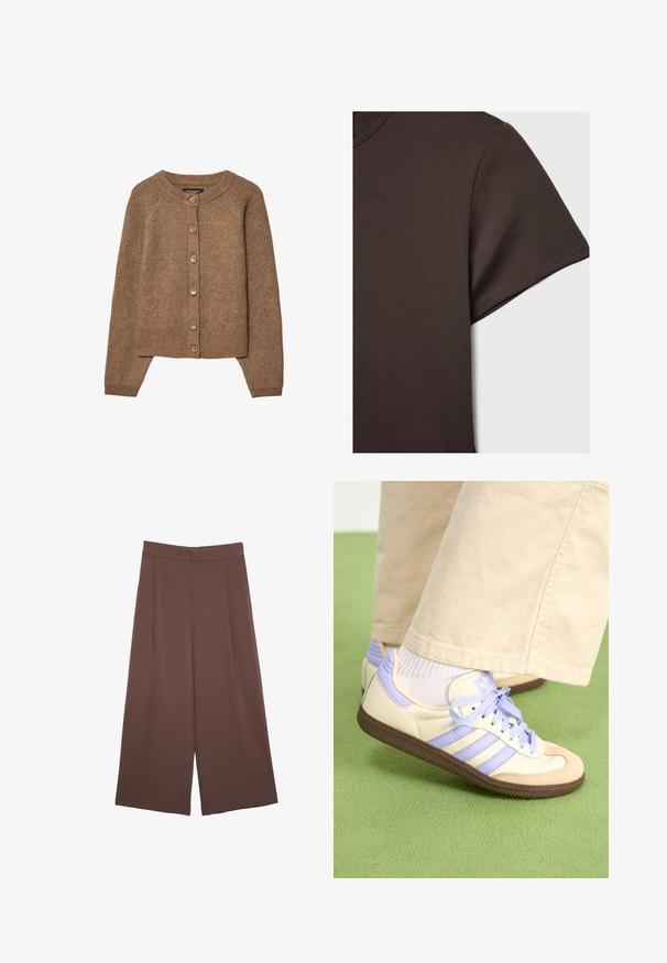 Cardigan in maglia marrone con scollatura tonda, chiusura con bottoni e polsini a coste. La texture è morbida e ha un aspetto accogliente e caldo.; T-shirt corto marrone scuro realizzato in materiale liscio ed elastico, con colletto rotondo classico e dettagli di cucitura puliti.; Pantaloni ampi marroni con una texture liscia, caratterizzati da una vita alta e pieghe frontali. Il tessuto è leggero e scorre liberamente.; Sneakers crema e lavanda con tre strisce e suola marrone texturizzata, dotati di lacci e tallone imbottito. Parte superiore in tessuto morbido.