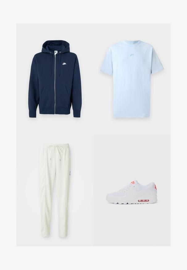 Tmavě modrá mikina na zip s přední kapsou, kapucí na stažení a bílým logem Nike na levé straně hrudníku. Vyrobena z měkké látky.; Světle modré bavlněné tričko s krátkým rukávem, klasickým výstřihem a vyšitým logem Nike v mírně tmavší modré barvě na hrudi.; Bílé slim-fit jogger kalhoty s elastickým pasem a šňůrkou, s bočními švy a malou černou nášivkou na pravé noze.; Bílé sportovní tenisky s hladkým svrškem, šněrováním, polstrovanou podrážkou a viditelnou vzduchovou jednotkou s červenými akcenty na značce.