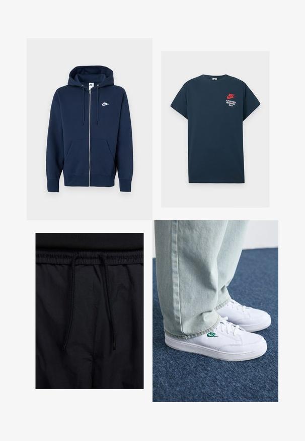 Sweatshirt com capuz azul marinho com fecho de correr, bolso frontal, capuz com cordão e logótipo branco da Nike no lado esquerdo do peito. Feito de tecido macio.; T-shirt de algodão azul-marinho com mangas curtas. Apresenta um logótipo vermelho da Nike e texto branco "APENAS PESSOAL AUTORIZADO" no lado esquerdo do peito.; Calções pretos com um cós elástico ajustável, fabricados em tecido leve com uma textura suave e um design simples, sem logótipos ou padrões visíveis.; Tênis de couro brancos com logo verde da Nike, bico redondo, sola plana, combinados com calças de denim azul claro, exibidos sobre um tapete azul.