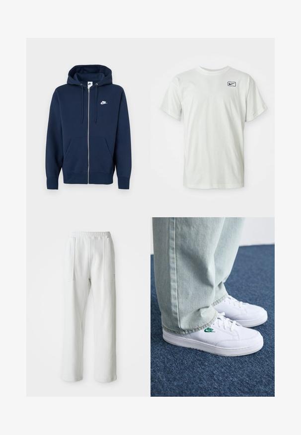 Sweatshirt com capuz azul marinho com fecho de correr, bolso frontal, capuz com cordão e logótipo branco da Nike no lado esquerdo do peito. Feito de tecido macio.; Camiseta branca de algodão com mangas curtas, apresentando um logotipo da Nike bordado em azul-marinho no lado esquerdo do peito. Design padrão de gola redonda.; Calças brancas casuais com um cós elástico e grandes bolsos frontais, exibidas sobre um fundo claro e liso.; Tênis de couro brancos com logo verde da Nike, bico redondo, sola plana, combinados com calças de denim azul claro, exibidos sobre um tapete azul.