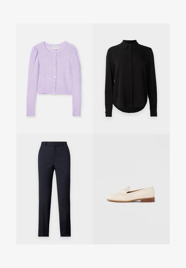 Lila kurzes Cardigan mit langen Ärmeln, aus weichem Material. Hat einen runden Halsausschnitt, Knopfverschluss und gerippte Bündchen und Saum.; Schwarze Bluse mit langen Ärmeln, spitzem Kragen, verdeckter Knopfleiste und abgerundetem Saum vor einem schlichten weißen Hintergrund.; Marineblaue Tailored-Hosen mit geradem Schnitt, ausgestattet mit glattem Material, zwei frontalen Taschen und einem schlichten Bund.; Beiger Lederloafer mit strukturierter Oberseite, dekorativem Riemen und kleinem Absatz. Verfügt über ein minimalistisches Design und dezentes Logodetail.