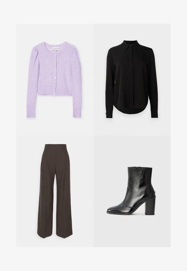 Lilac cropped cardigan with long sleeves, made of soft material. Features a round neckline, button closure, and ribbed cuffs and hem.; Black long-sleeve blouse with pointed collar, concealed button placket, and curved hem against a plain white background.; Dark brown wide-leg trousers with a high waist, featuring neatly pressed creases, smooth texture, and a tailored fit.; Black leather ankle boot with a smooth texture, pointed toe, and a chunky high heel. Features a side opening and minimalistic design.